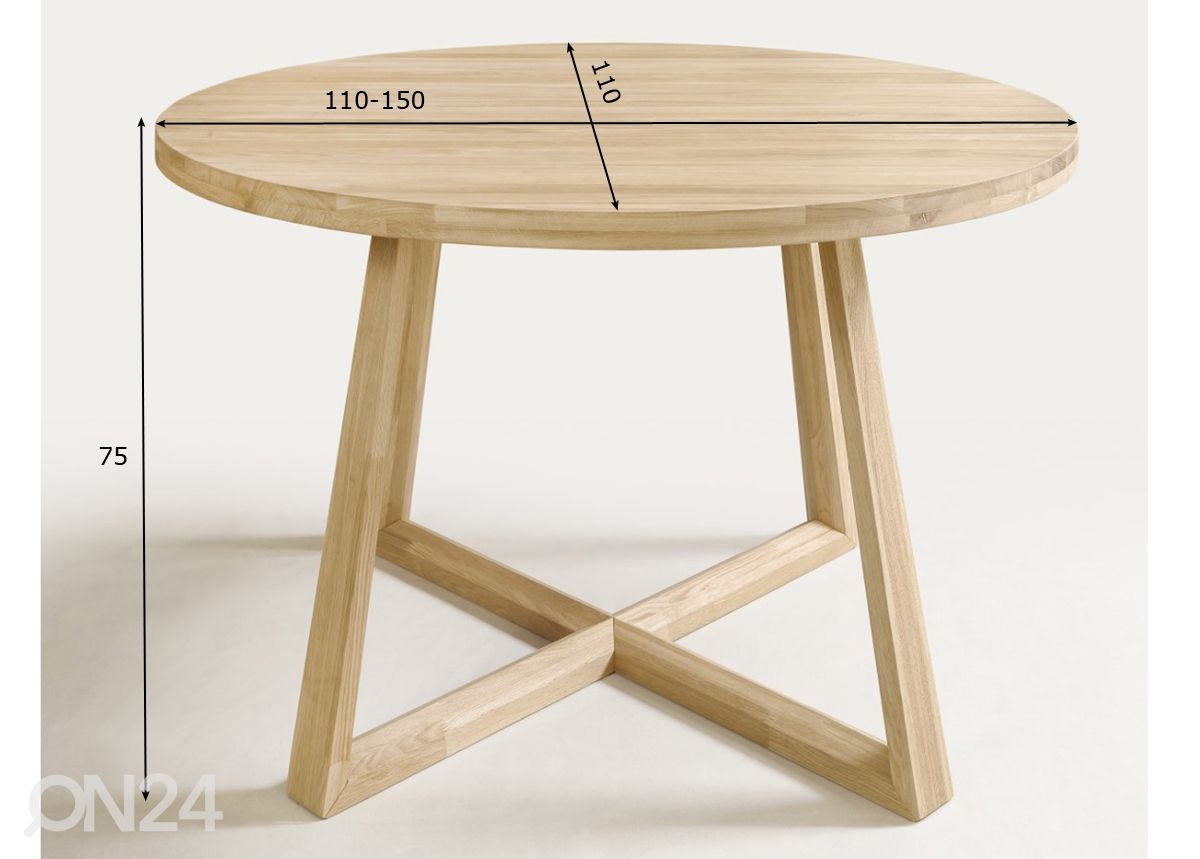Tammepuust pikendatav söögilaud Merbi 110/150x110 cm, valge õli suurendatud mõõdud