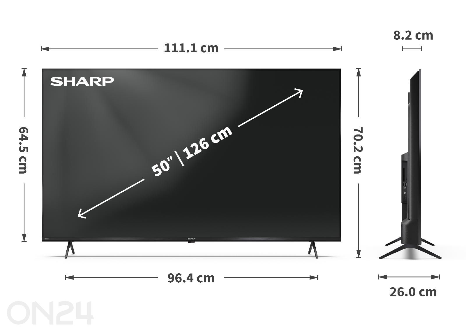 Teler Sharp 50" (126 cm) QLED 4K Ultra HD Google TV, Dolby Vision, Dolby Atmos suurendatud mõõdud