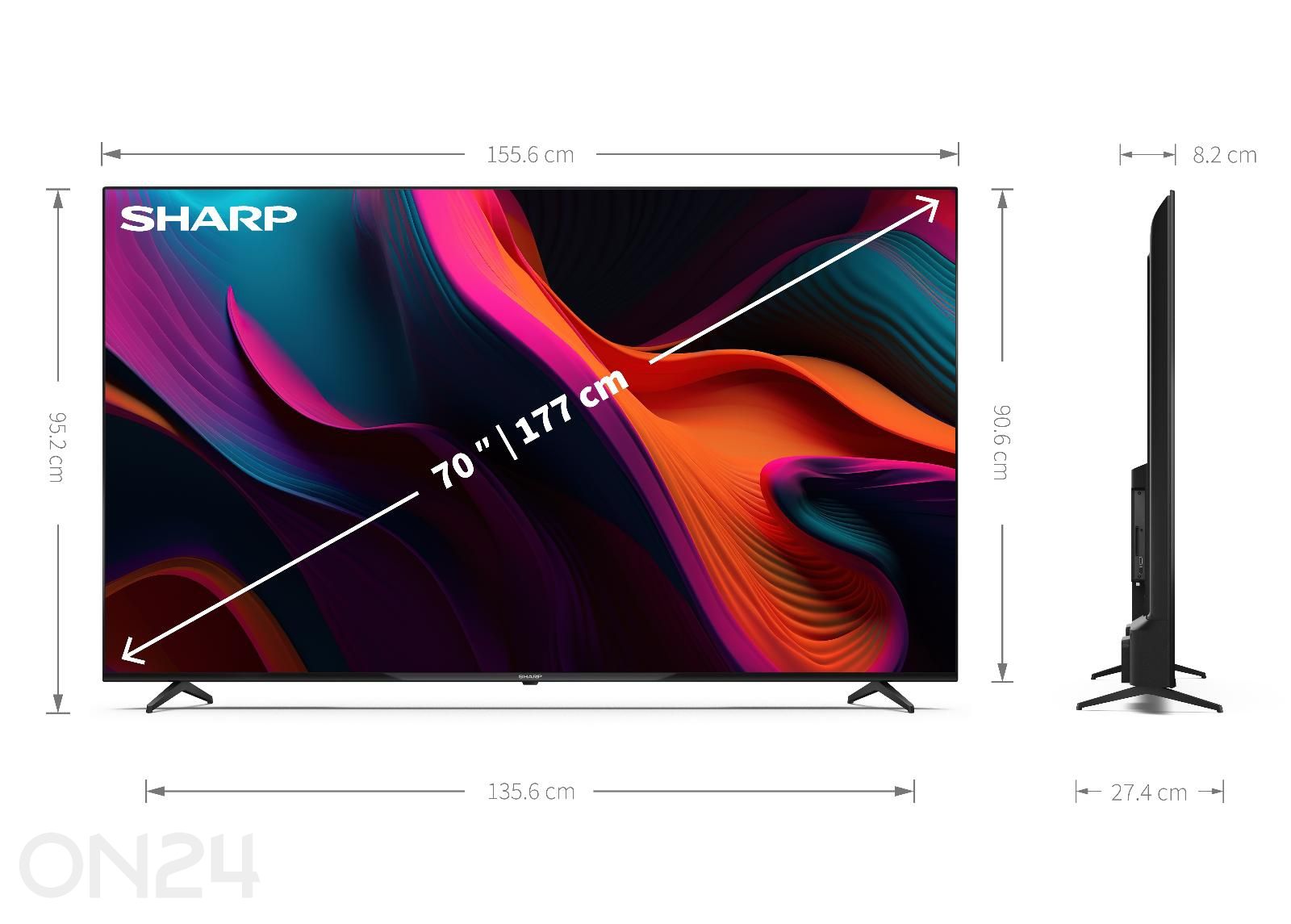Teler Sharp 70" (177 cm) 4K Ultra HD Smart Google Frameless TV, Dolby Vision, Dolby Atmos suurendatud mõõdud