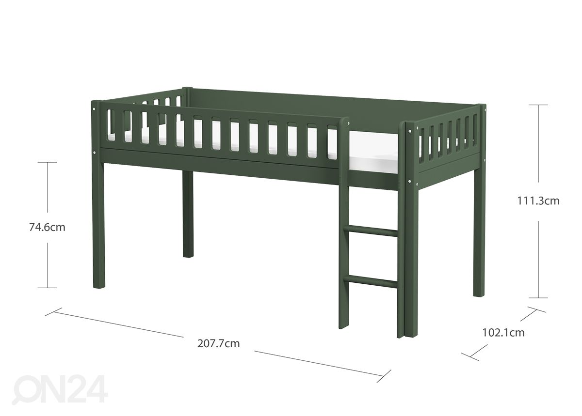 Thuka lastevoodi Viggo poolkõrge, roheline suurendatud mõõdud