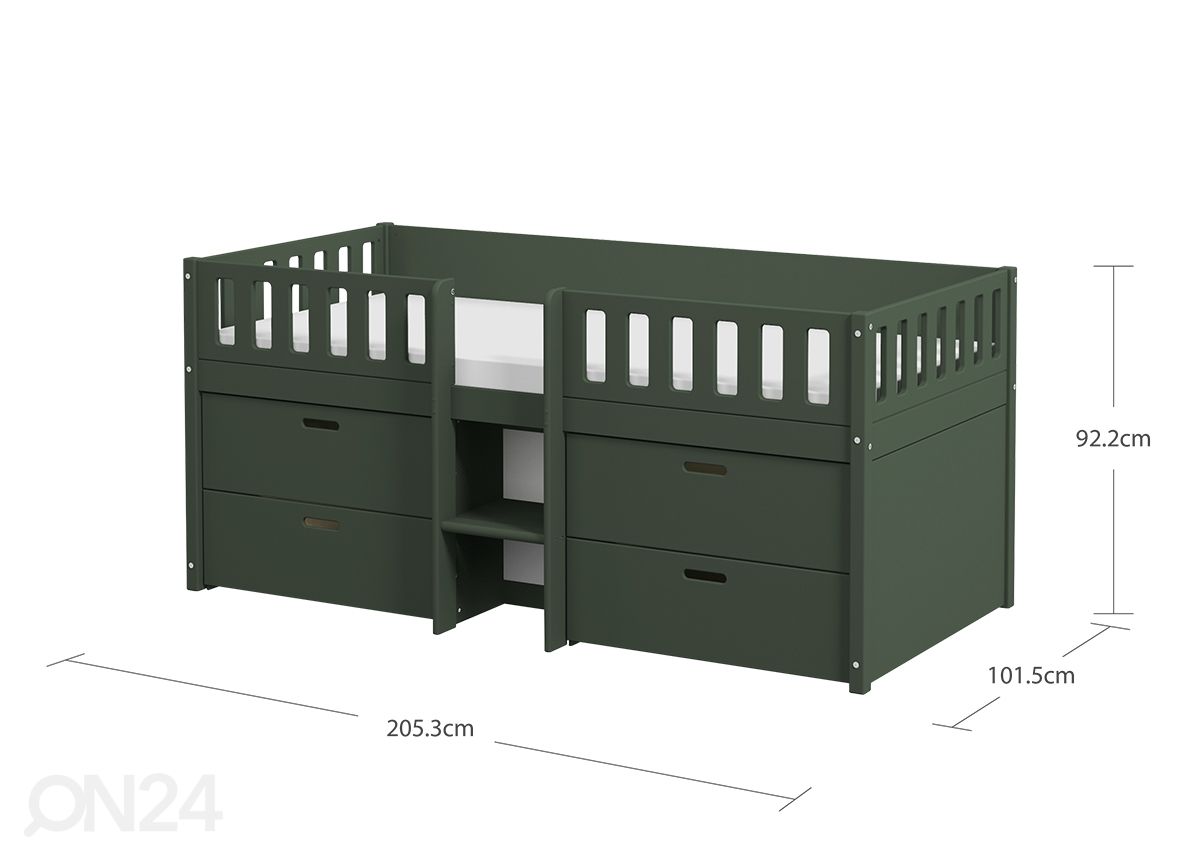 Thuka lastevoodi Viggo poolkõrge sahtlitega, roheline suurendatud mõõdud