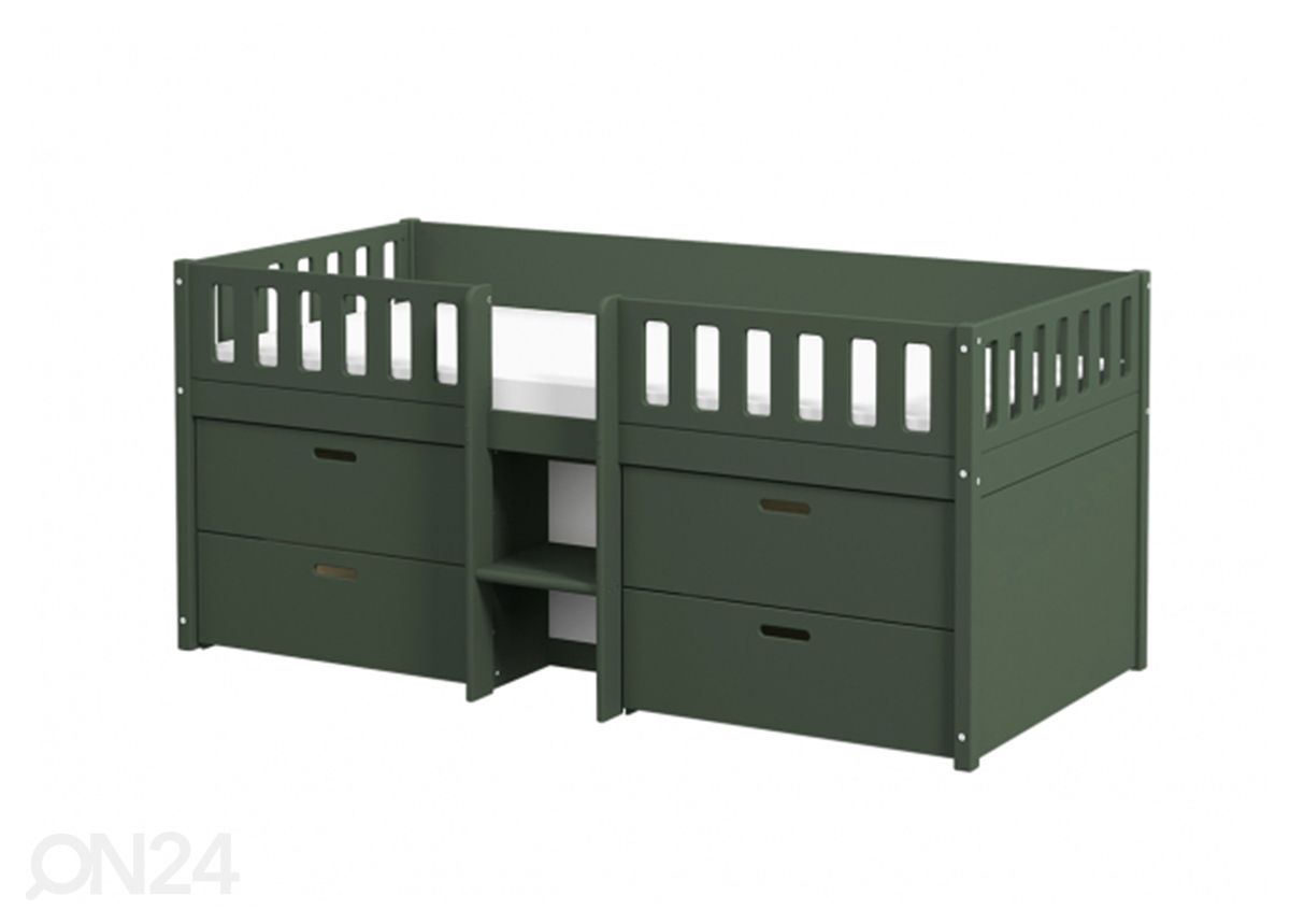 Thuka lastevoodi Viggo poolkõrge sahtlitega, roheline suurendatud