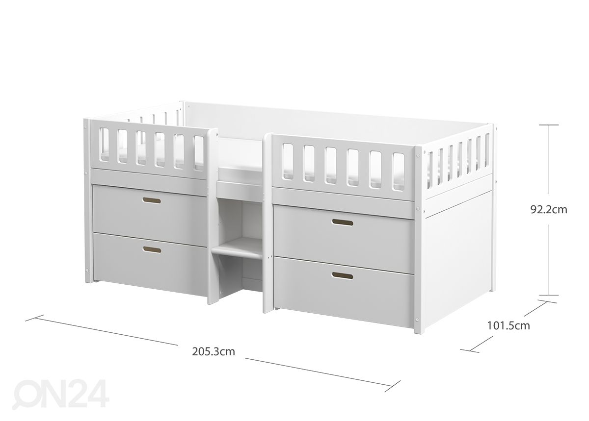 Thuka lastevoodi Viggo poolkõrge sahtlitega, valge suurendatud mõõdud