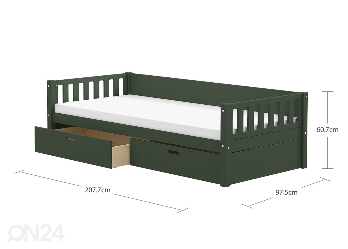 Thuka lastevoodi Viggo sahtlitega, roheline suurendatud mõõdud