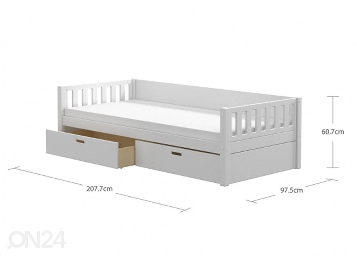 Thuka lastevoodi Viggo sahtlitega, valge suurendatud mõõdud