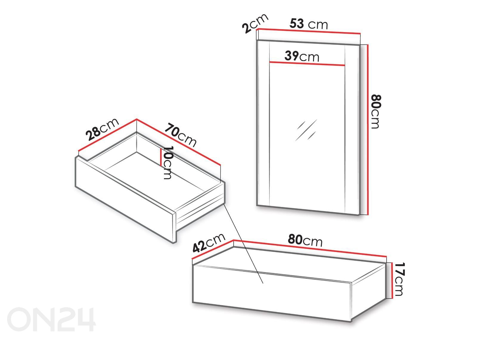 Tualettlaud peegliga Isla suurendatud mõõdud
