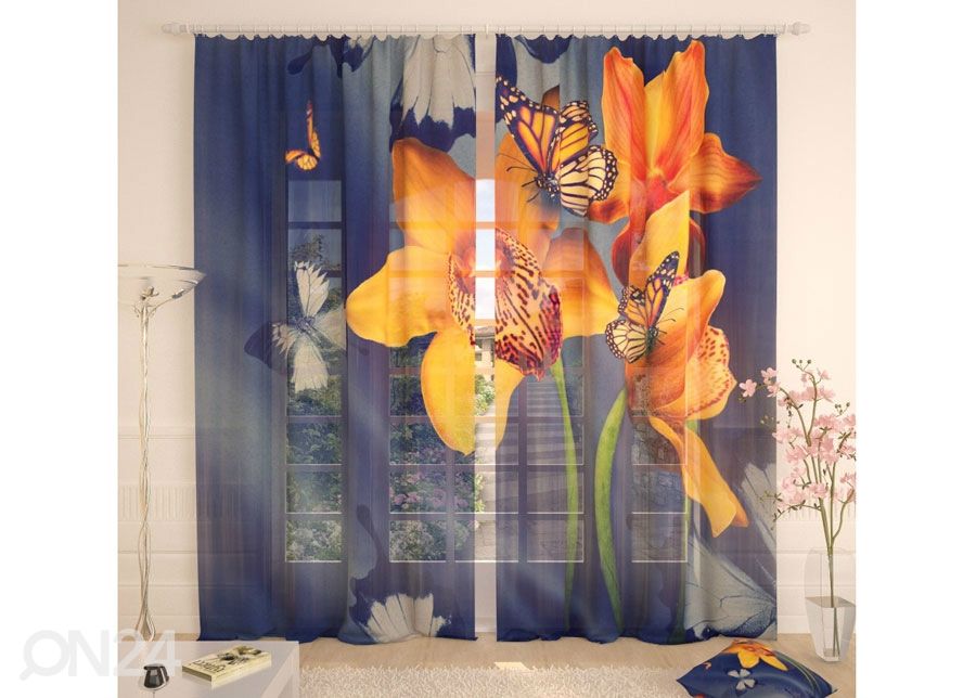 Tüllkardin Yellow Orchids and Butterflies 400x260 cm suurendatud