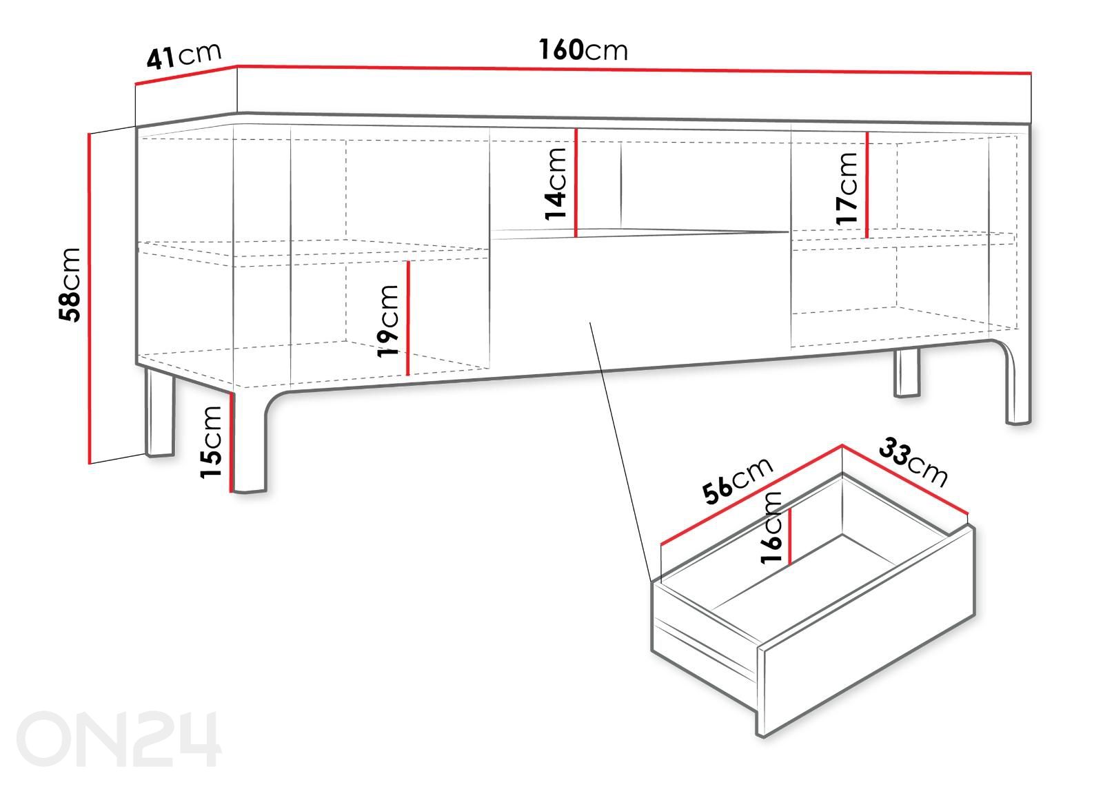 TV-alus Malumi 160 cm suurendatud mõõdud