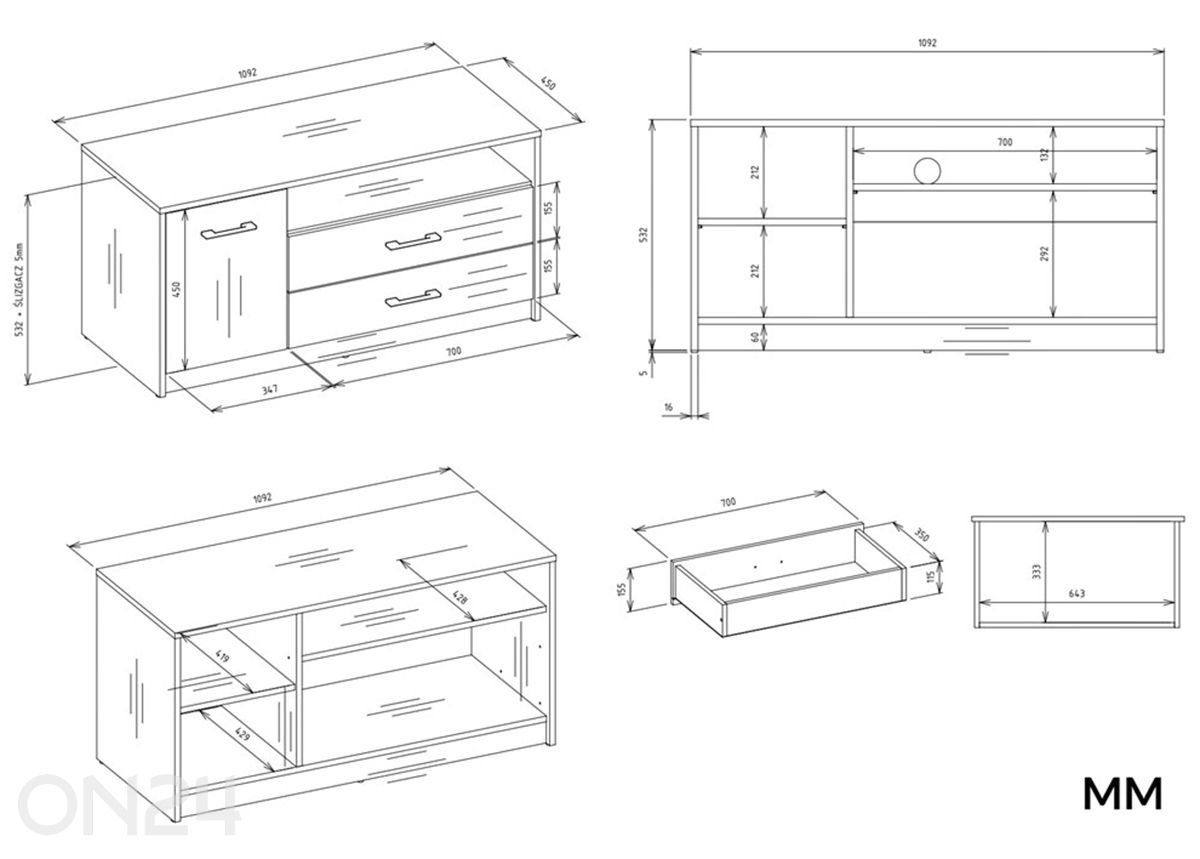 TV-alus Simpel 109 cm suurendatud mõõdud