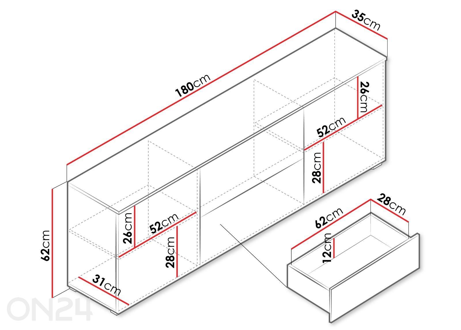 TV-alus Vera 180 cm suurendatud mõõdud