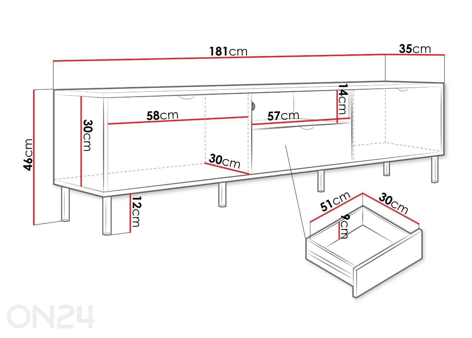 TV-alus Wera 181 cm suurendatud mõõdud