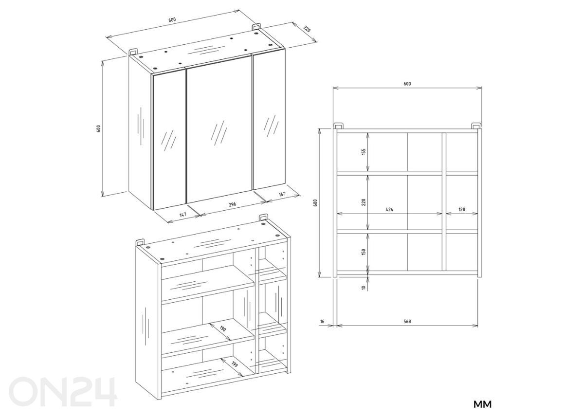 Vannitoakapp peegliga Pola suurendatud mõõdud