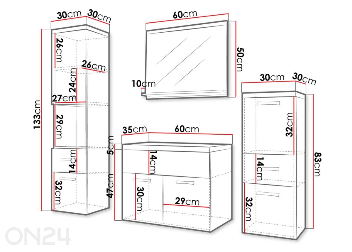 Vannitoakomplekt Alba suurendatud mõõdud