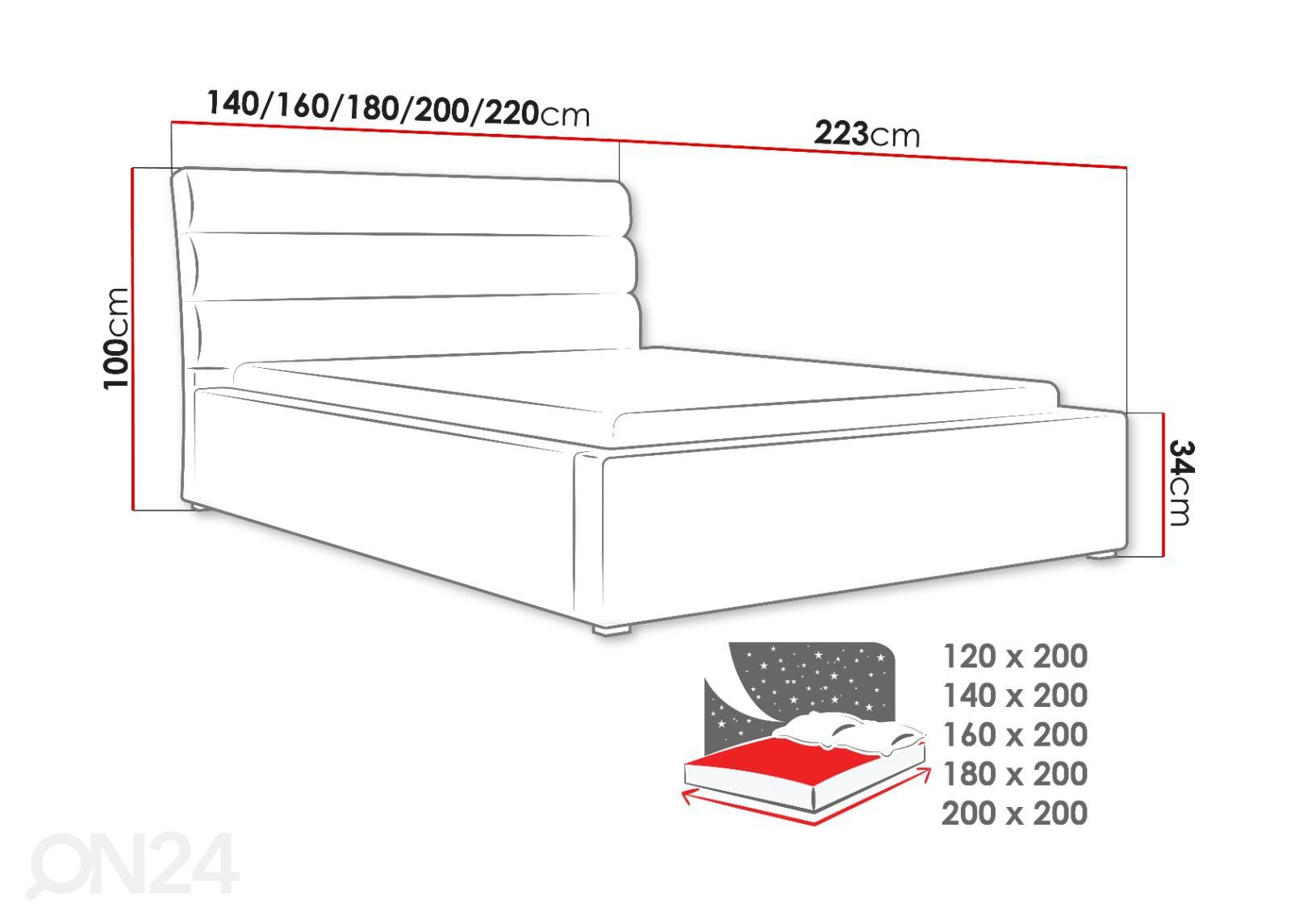 Voodi 120x200 cm suurendatud mõõdud