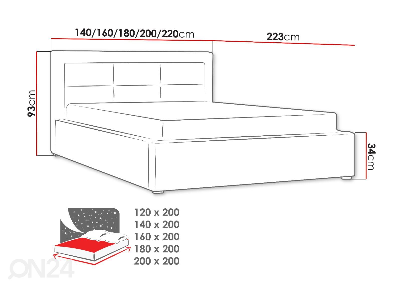 Voodi 120x200 cm suurendatud mõõdud