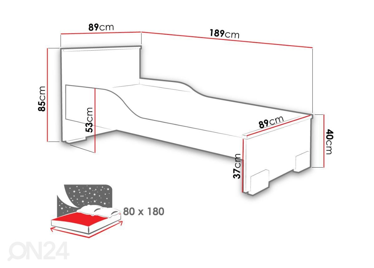 Voodi 80x180 cm suurendatud mõõdud