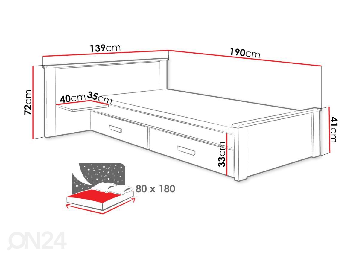 Voodi 80x180 cm suurendatud mõõdud