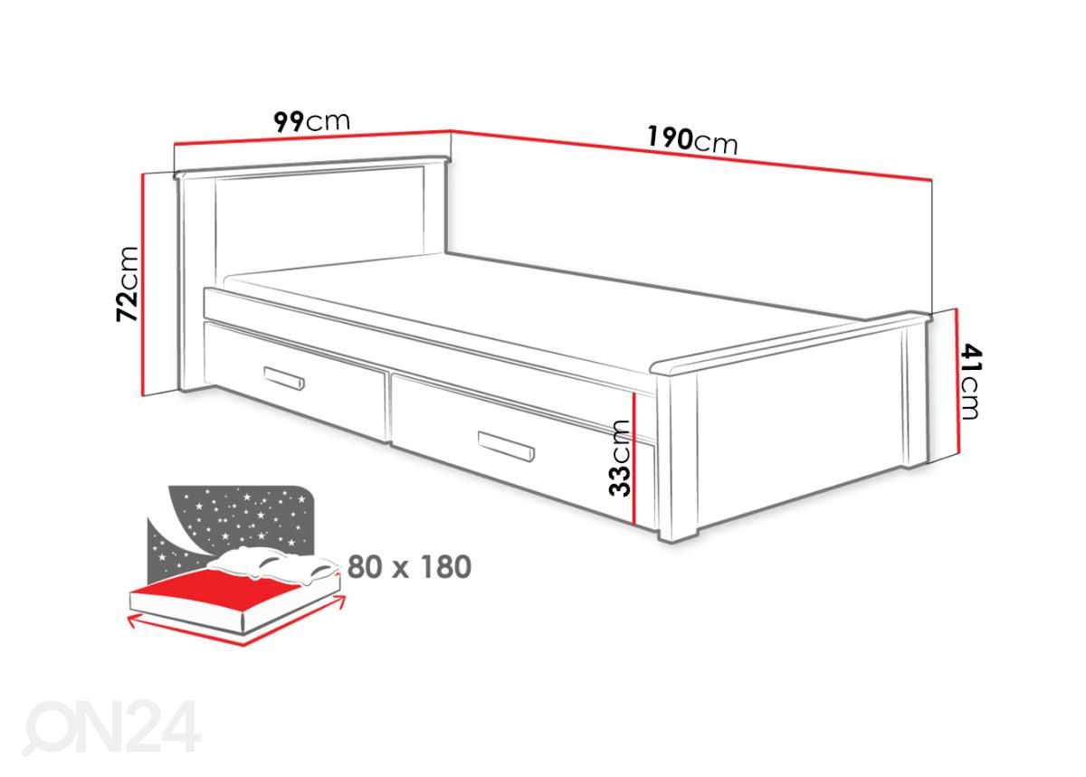 Voodi 80x180 cm suurendatud mõõdud