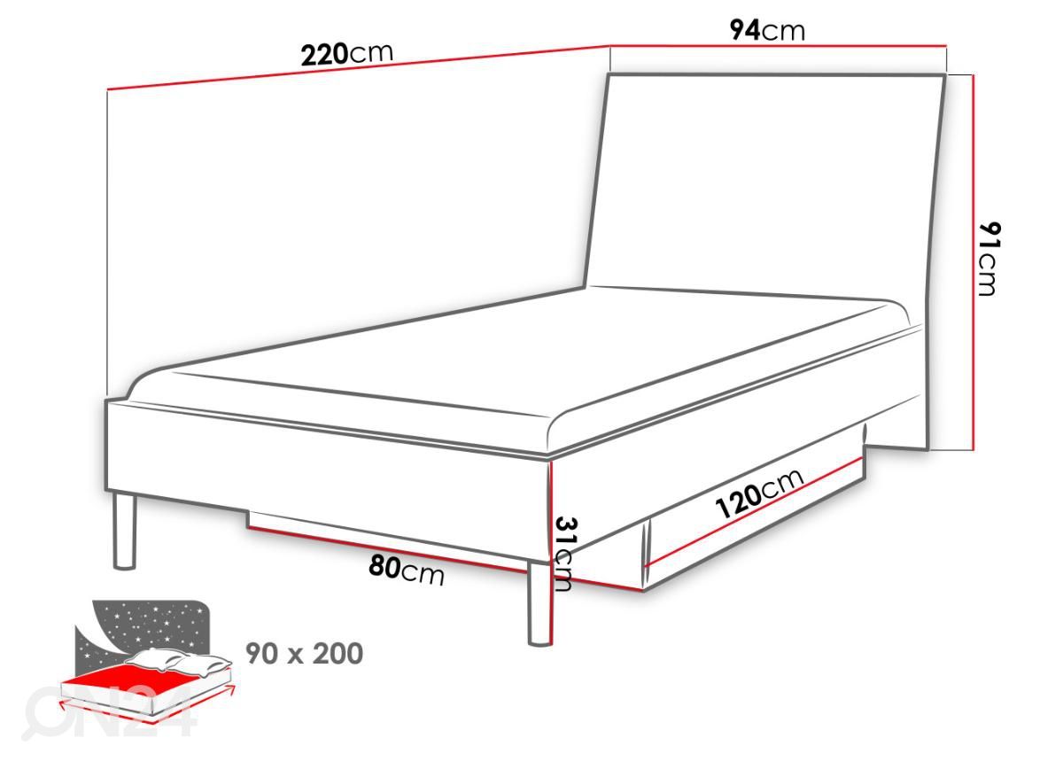 Voodi 90x200 cm suurendatud mõõdud