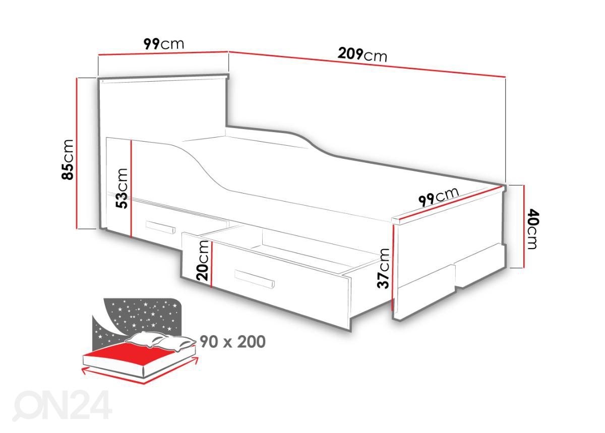 Voodi 90x200 cm + voodikastid suurendatud mõõdud