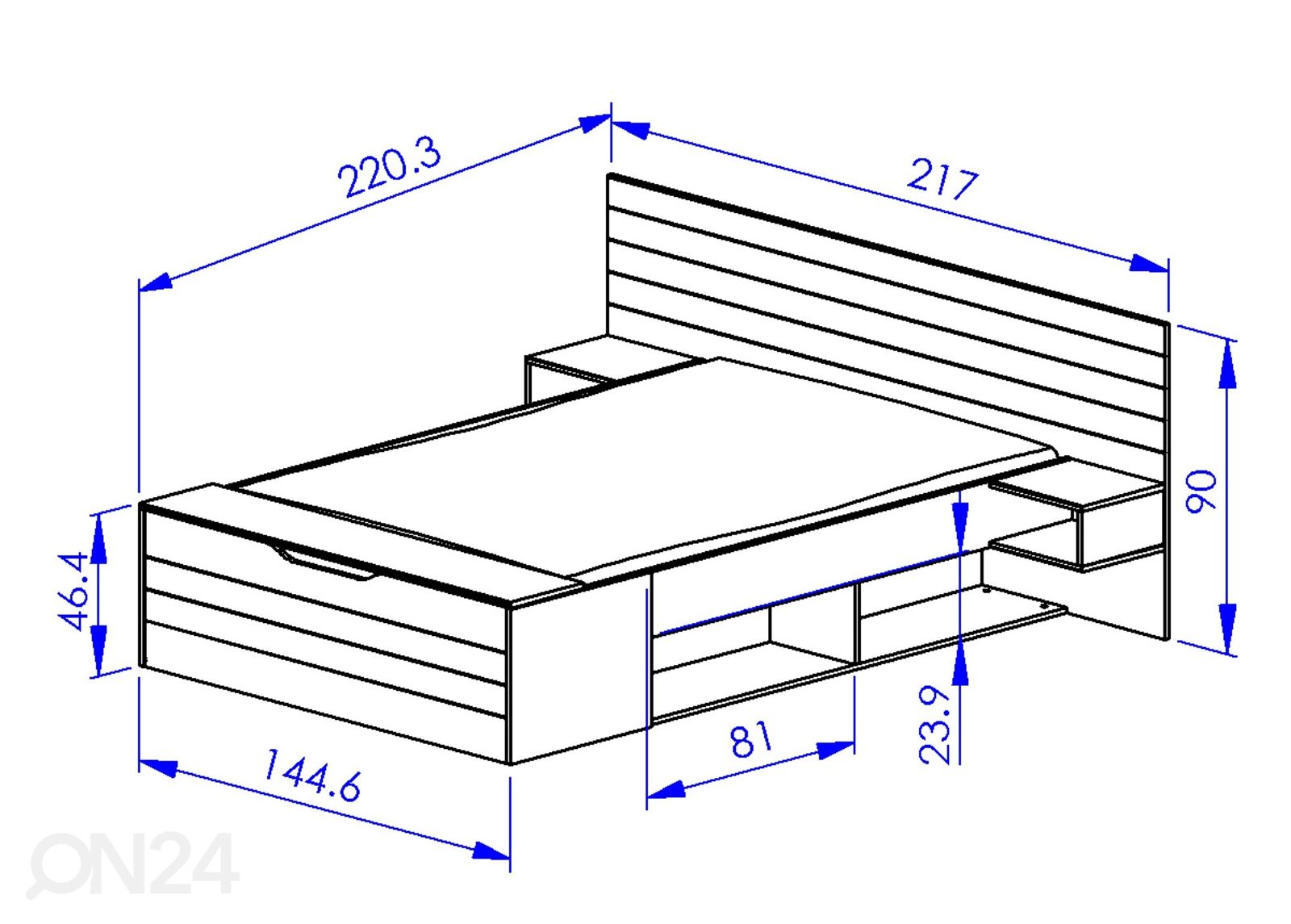 Voodi Delta 140x190 cm suurendatud mõõdud