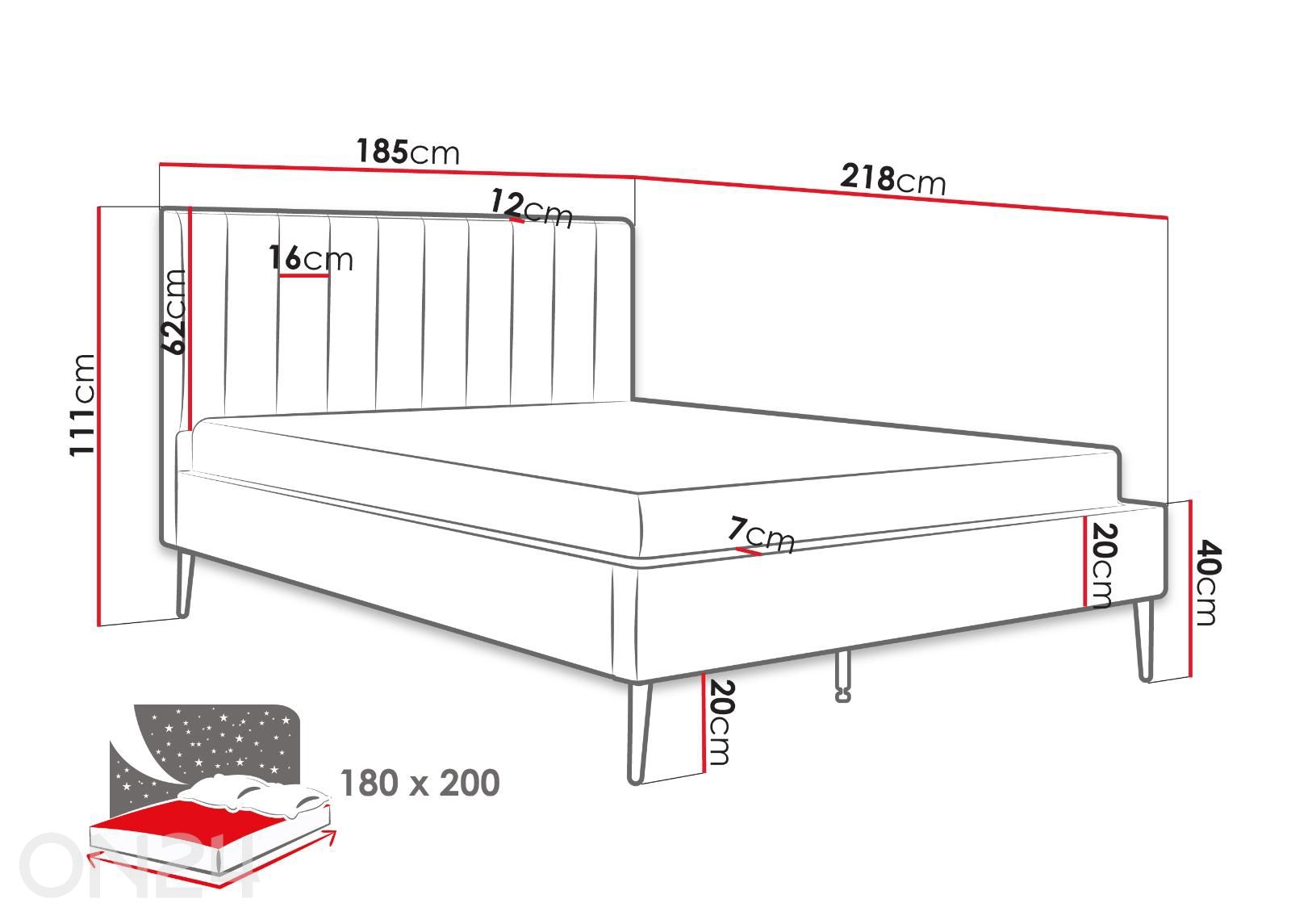 Voodi Flavia 180x200 cm suurendatud mõõdud