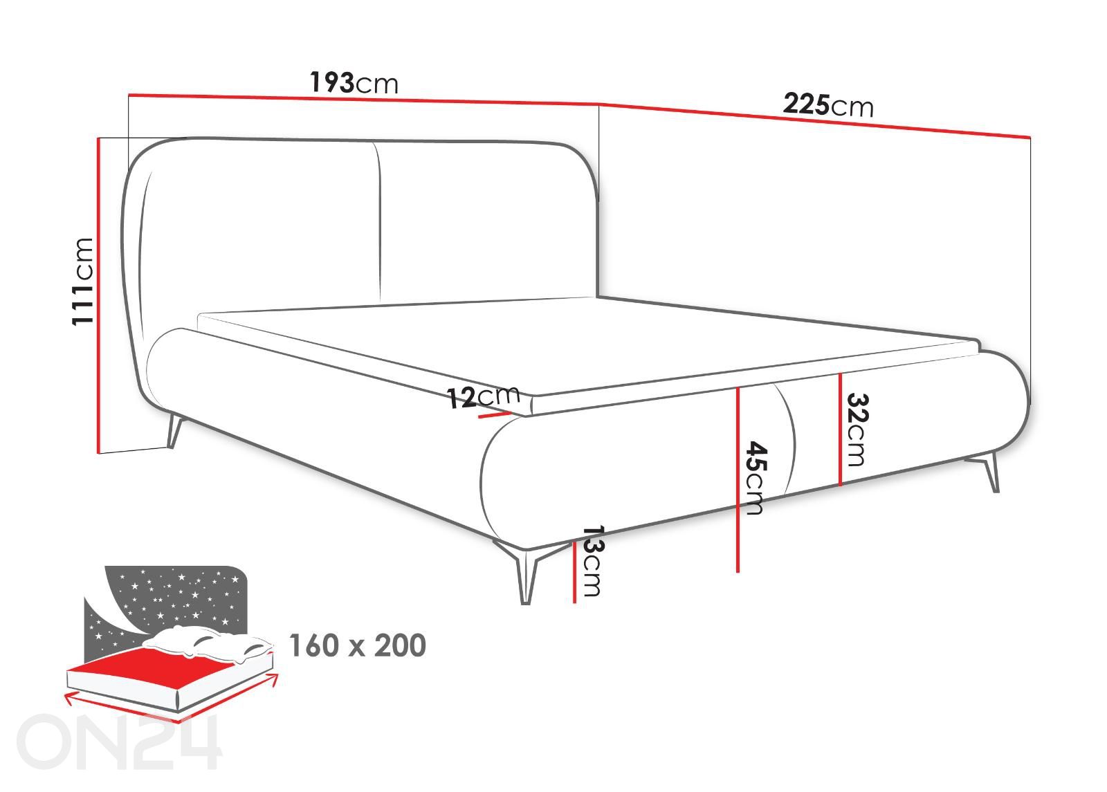 Voodi Meuse 160x200 cm suurendatud mõõdud
