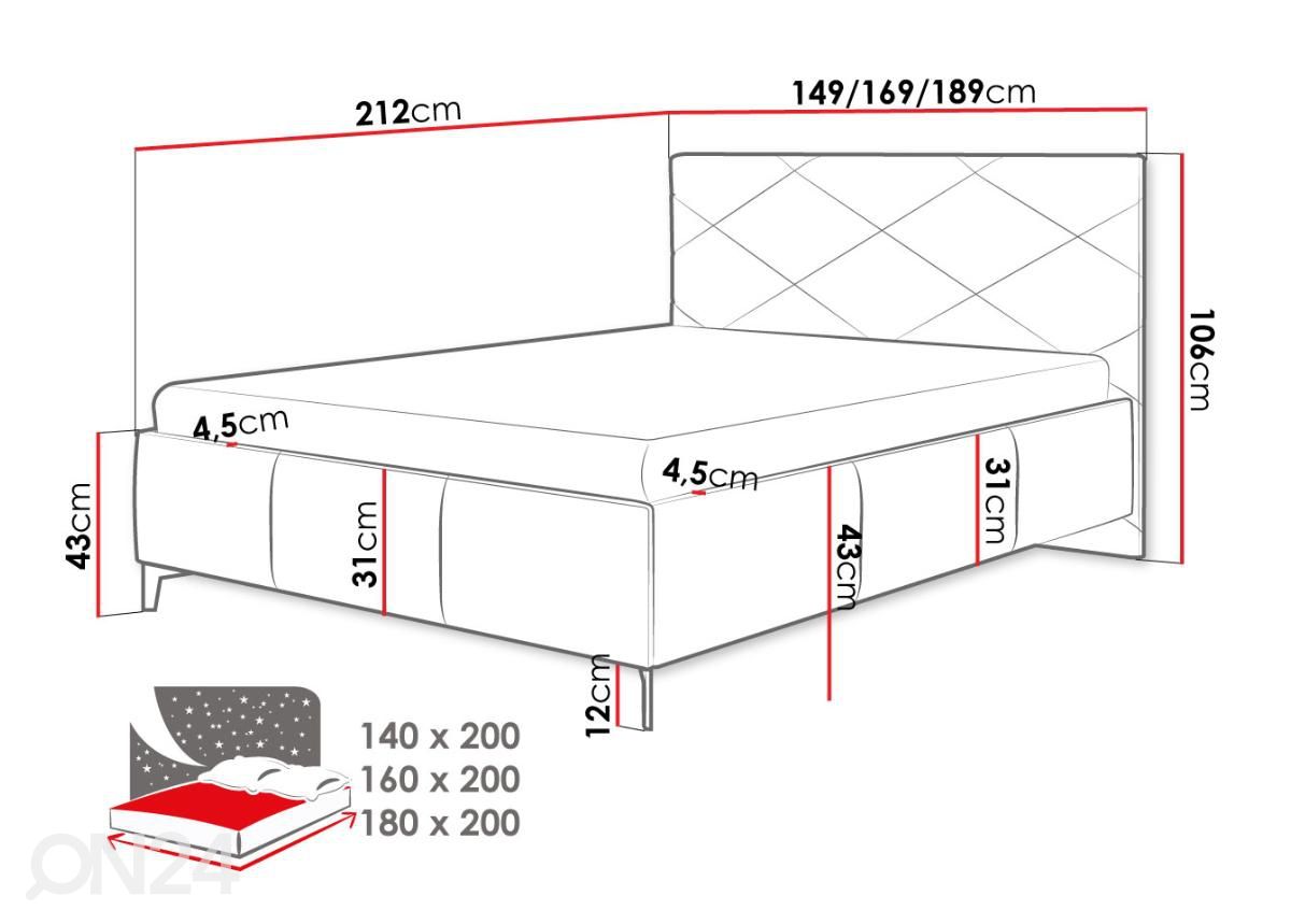 Voodi pesukastiga Scarlet 160x200 cm suurendatud mõõdud