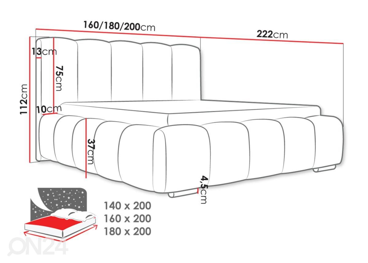 Voodi pesukastiga Wizko 160x200 cm suurendatud mõõdud