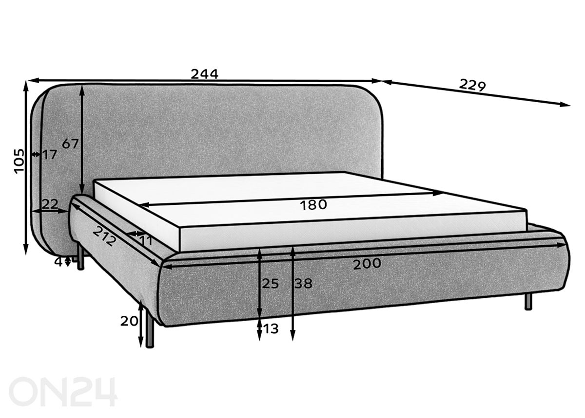 Voodi Point 180x200 cm suurendatud mõõdud