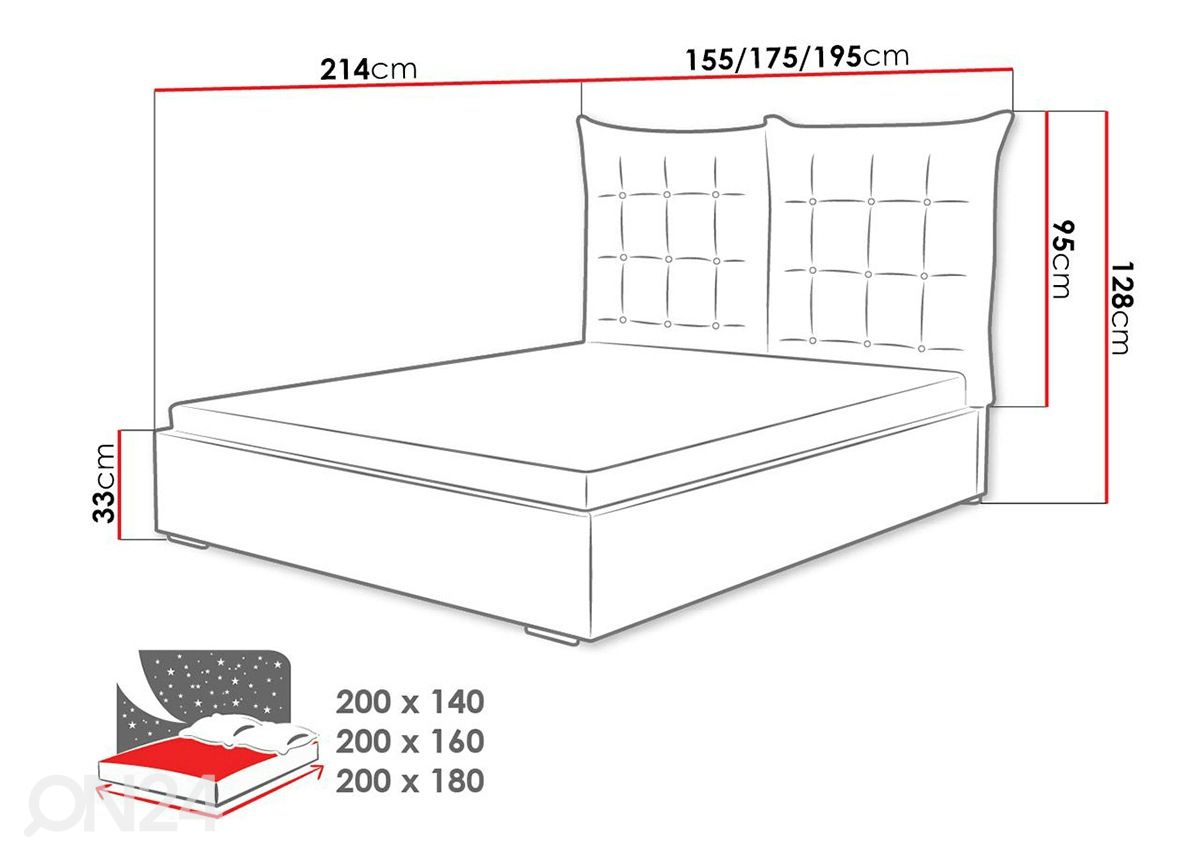 Voodi ülestõstetava voodipõhjaga 140x200 cm suurendatud mõõdud