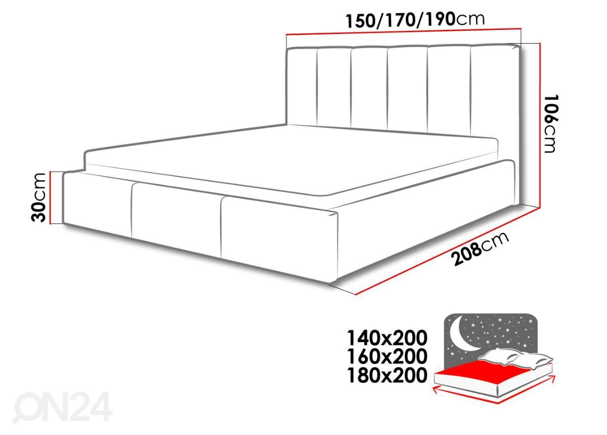 Voodi ülestõstetava voodipõhjaga 140x200 cm suurendatud mõõdud