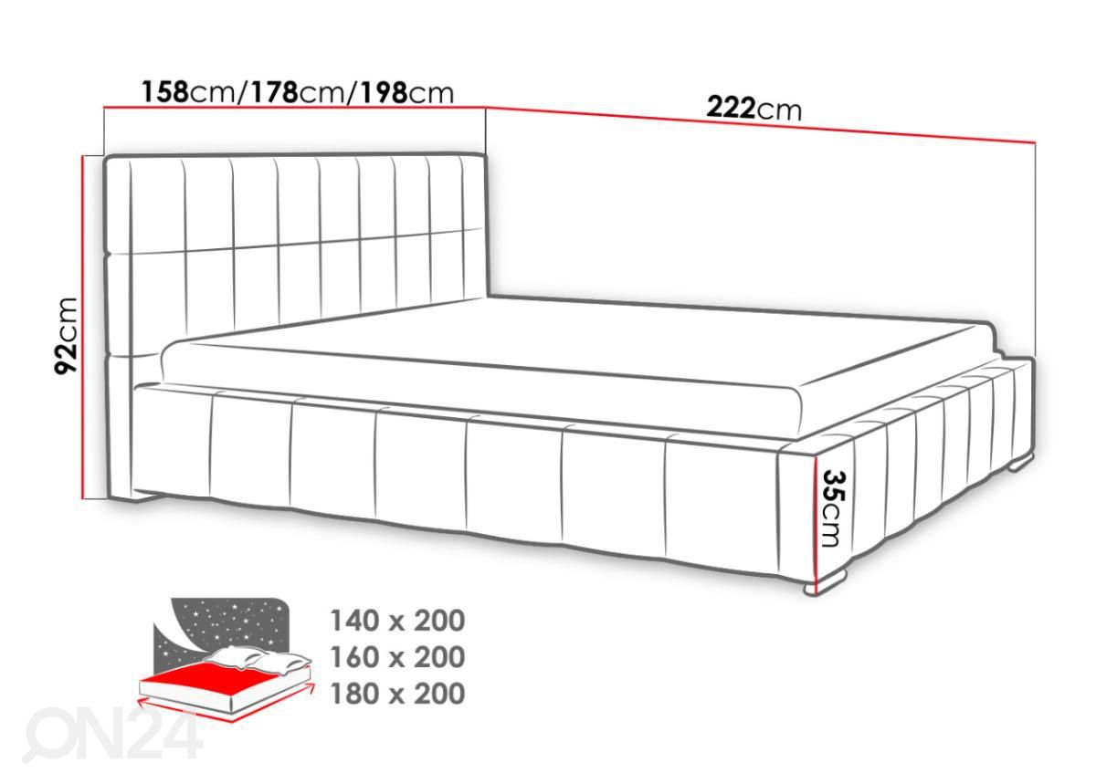 Voodi ülestõstetava voodipõhjaga 140x200 cm suurendatud mõõdud