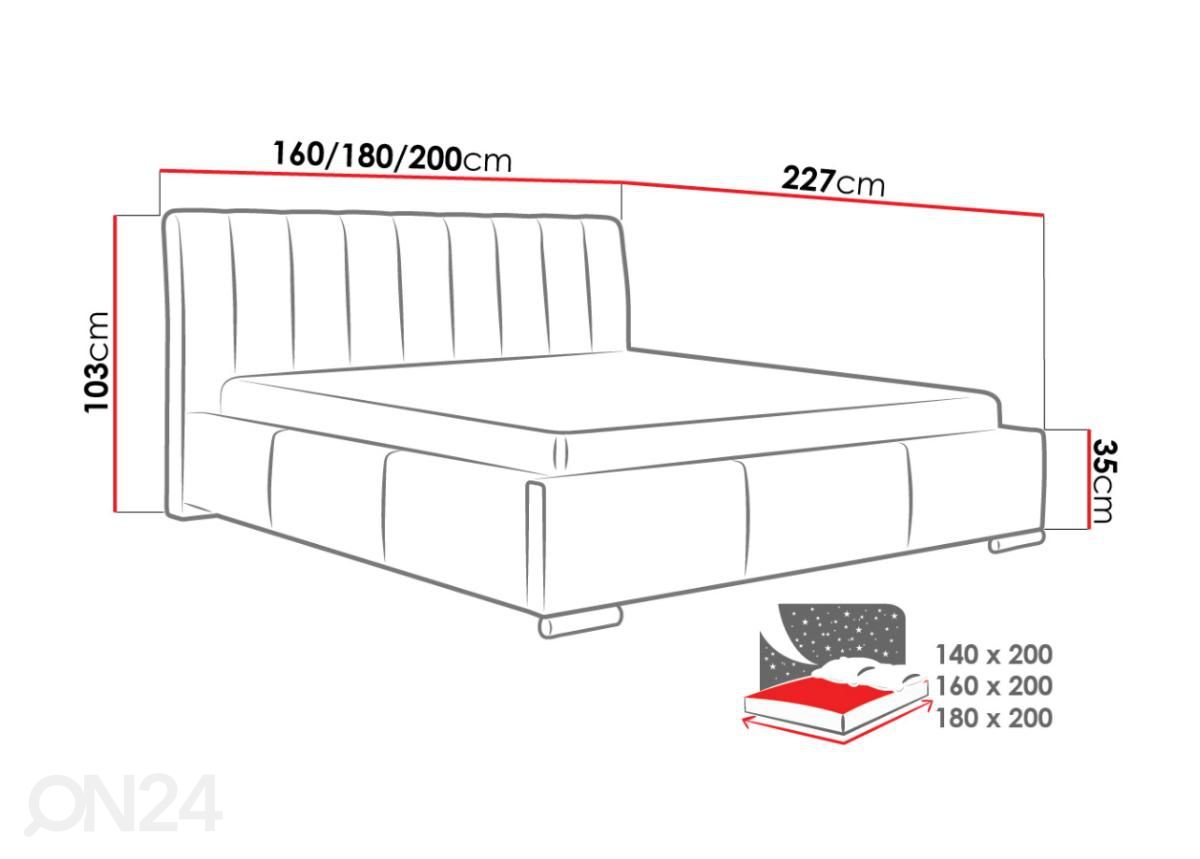 Voodi ülestõstetava voodipõhjaga 140x200 cm suurendatud mõõdud