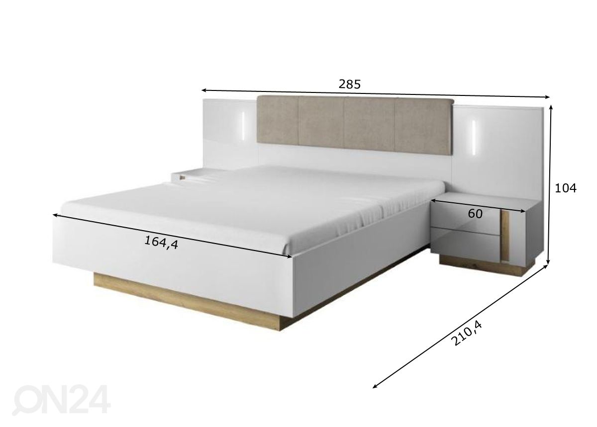 Voodikomplekt Arco 160x200 cm, Grandsoni tamm/valge kõrgläige suurendatud mõõdud