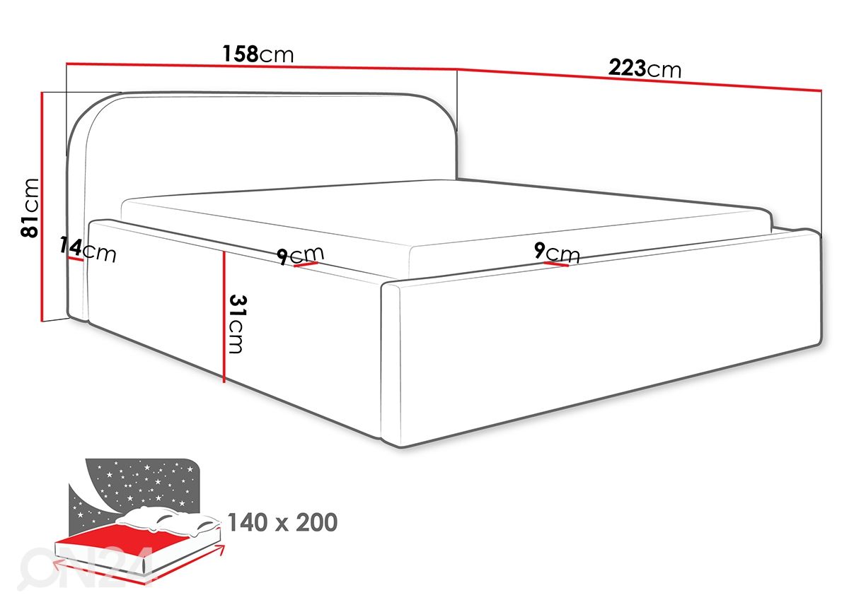 Voodiraam Deisi 140x200 cm suurendatud mõõdud