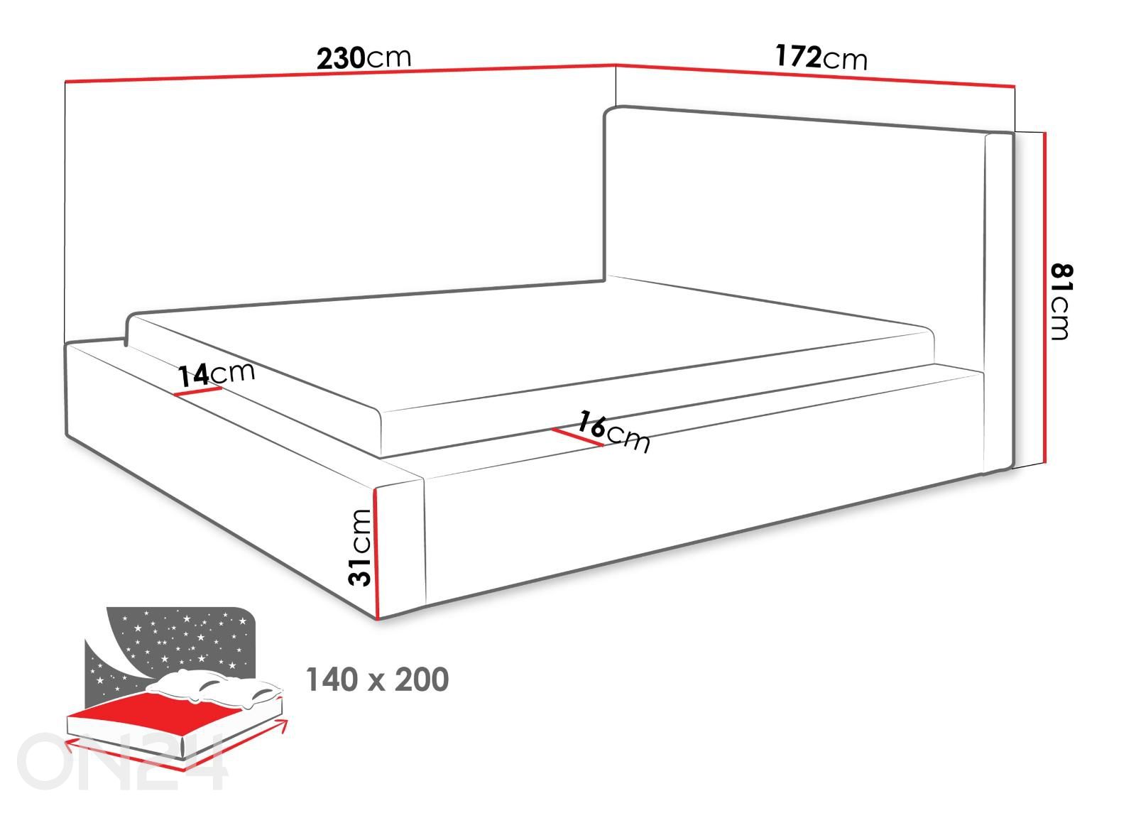 Voodiraam Glexi 140x200 cm suurendatud mõõdud