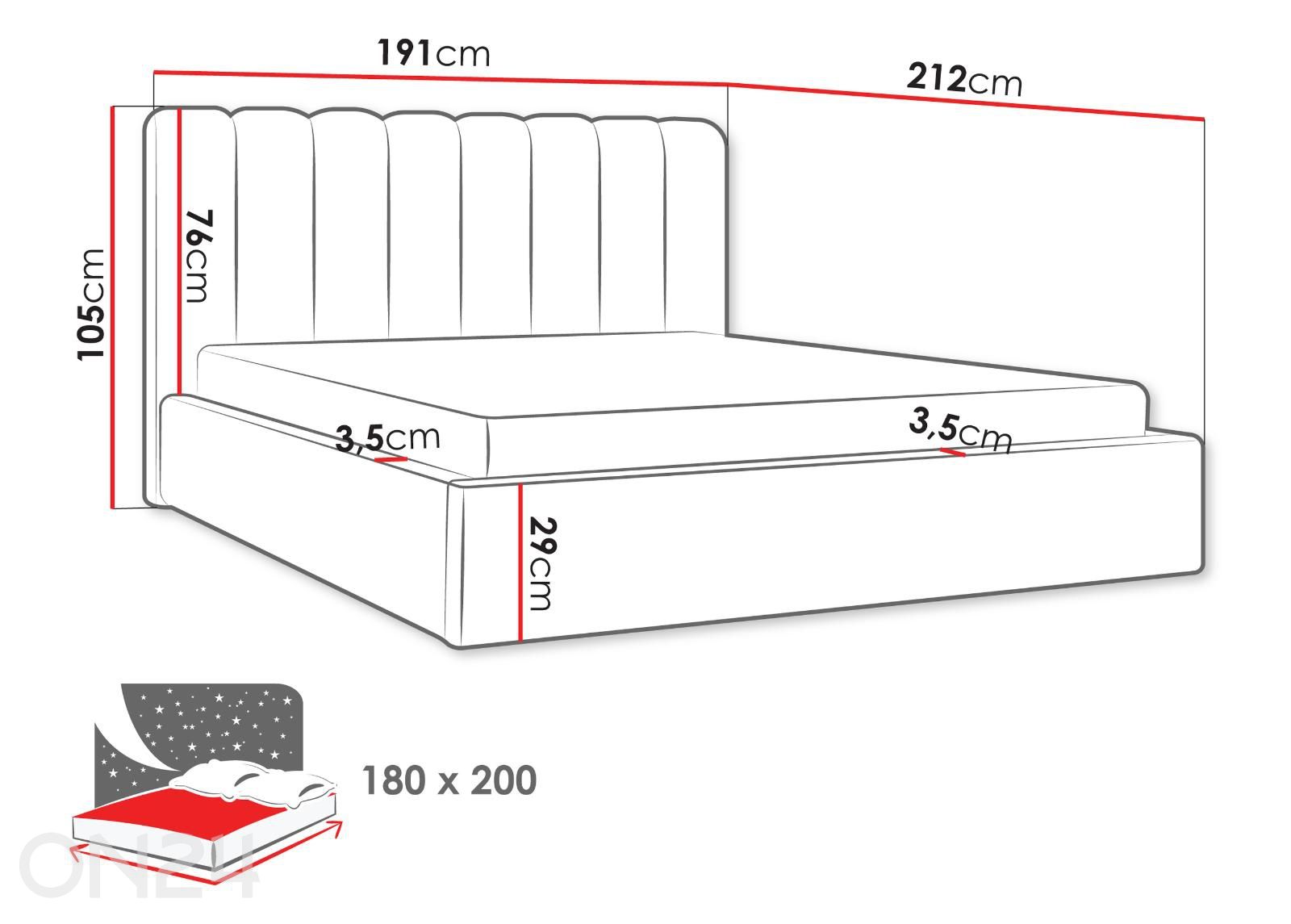 Voodiraam Nox 180x200 cm suurendatud mõõdud