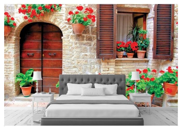 Fliis fototapeet Italian House with Colorful Potted Flowers 368x254 cm suurendatud