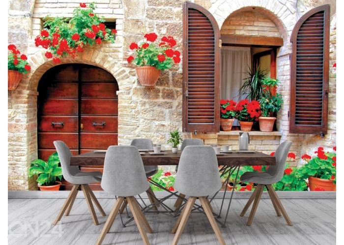 Fliis fototapeet Italian House with Colorful Potted Flowers 368x254 cm suurendatud