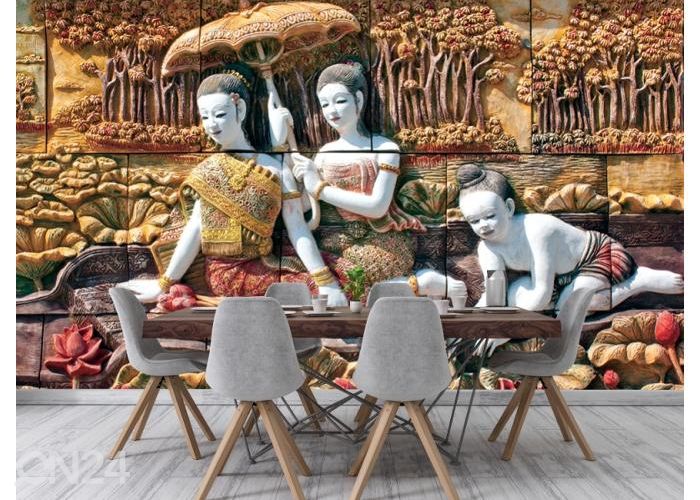 Fliis fototapeet Thai Stone Carving on Temple Wall 368x254 cm suurendatud