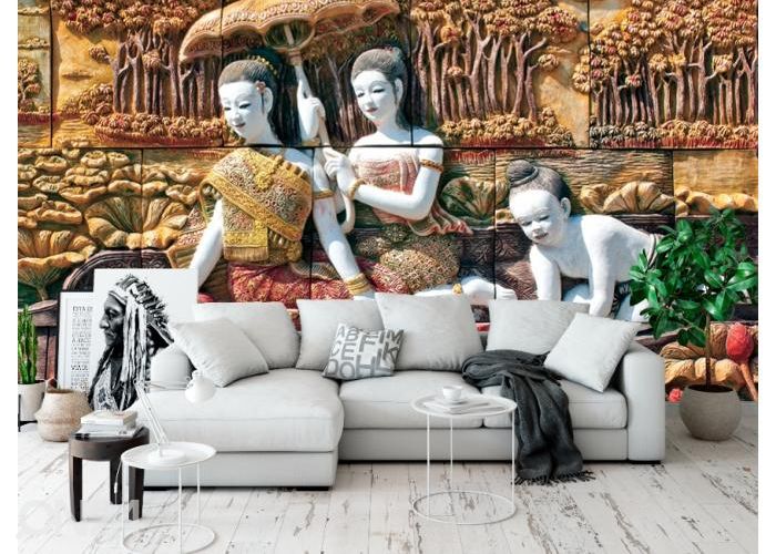 Fliis fototapeet Thai Stone Carving on Temple Wall 368x254 cm suurendatud