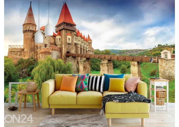 Fliis fototapeet Transylvanian Corvin Castle with Wooden Bridge 368x254 cm suurendatud