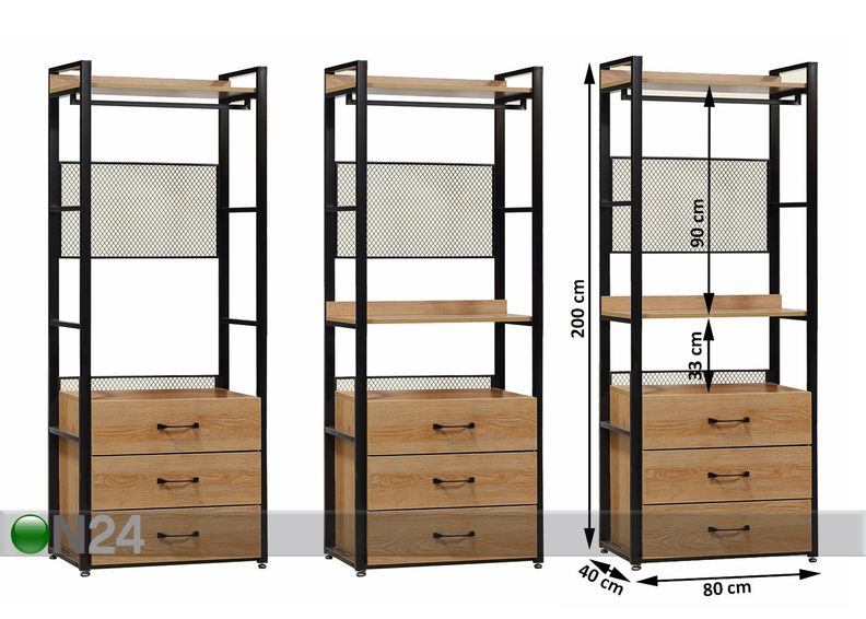 Garderoobisüsteem (3 riiulit+ 2 toru +sahtliboks) 80x200 cm suurendatud