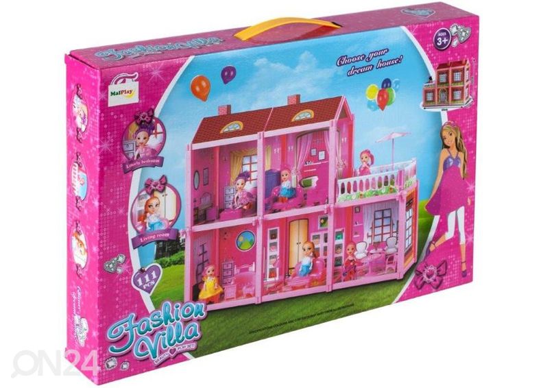 Kokkupandav nukumaja koos mööbli ja nukuga suurendatud