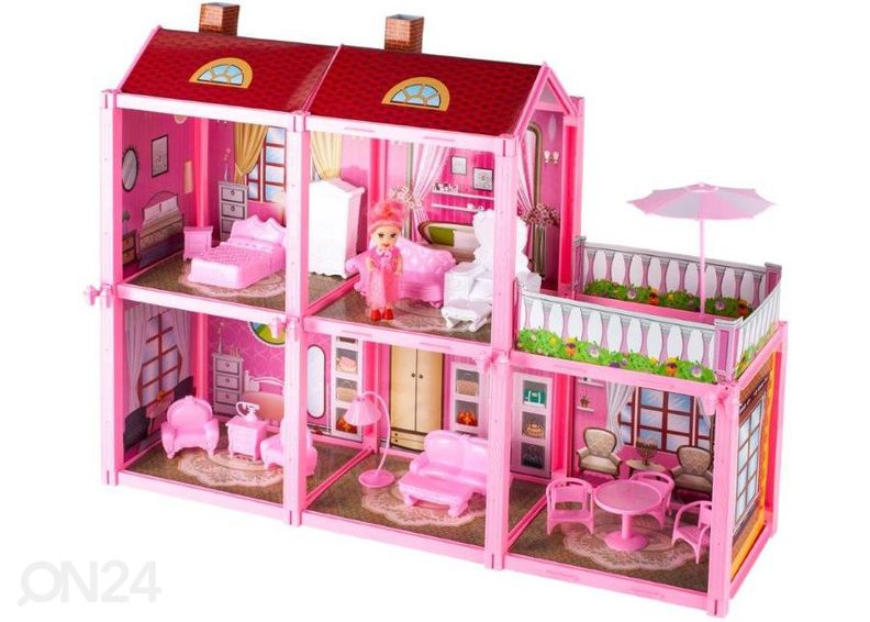 Kokkupandav nukumaja koos mööbli ja nukuga suurendatud