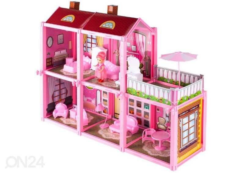 Kokkupandav nukumaja koos mööbli ja nukuga suurendatud