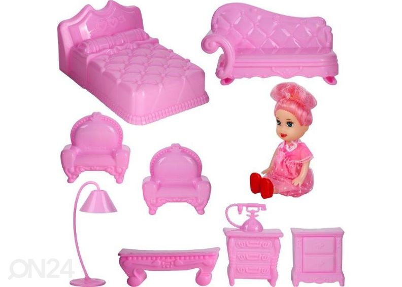 Kokkupandav nukumaja koos mööbli ja nukuga suurendatud