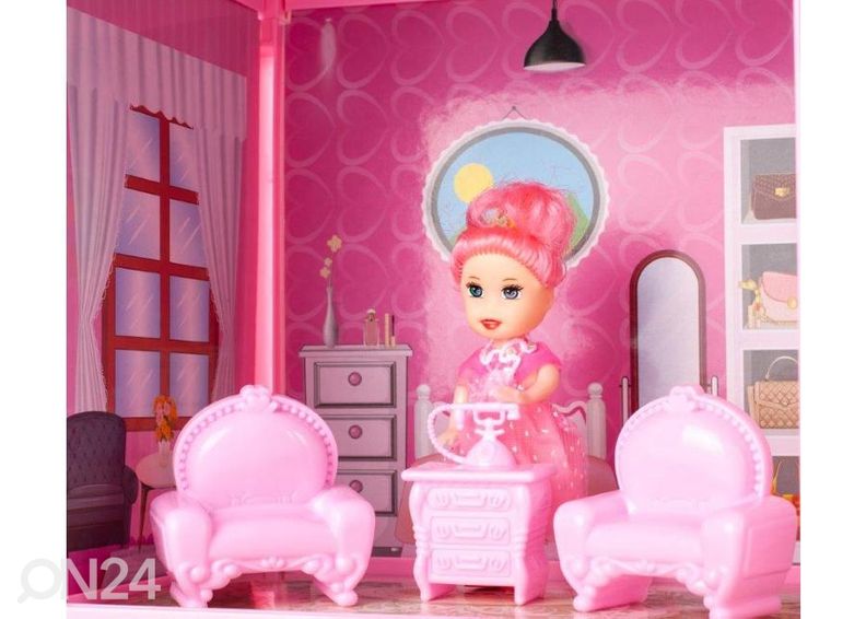 Kokkupandav nukumaja koos mööbli ja nukuga suurendatud