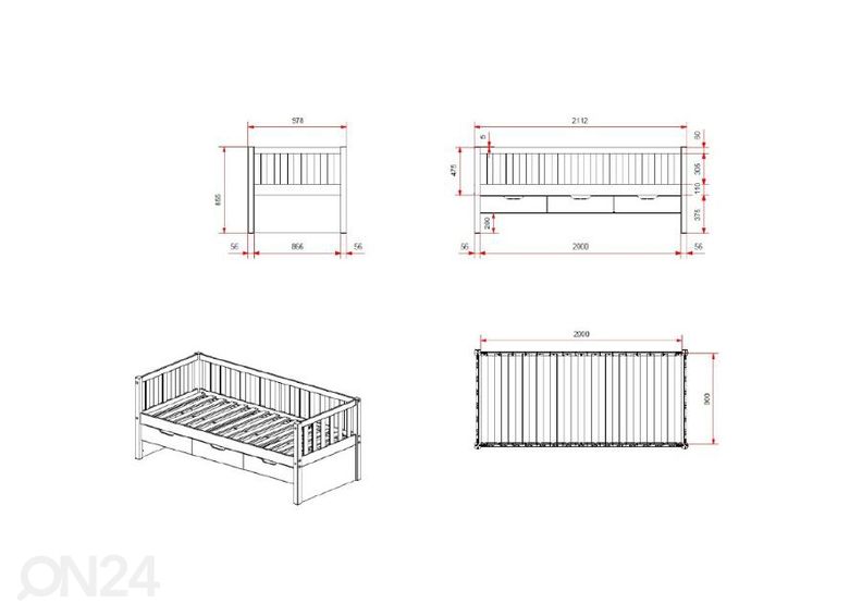 Lastevoodi + 3 sahtlit Fritz 90x200 cm, valge suurendatud